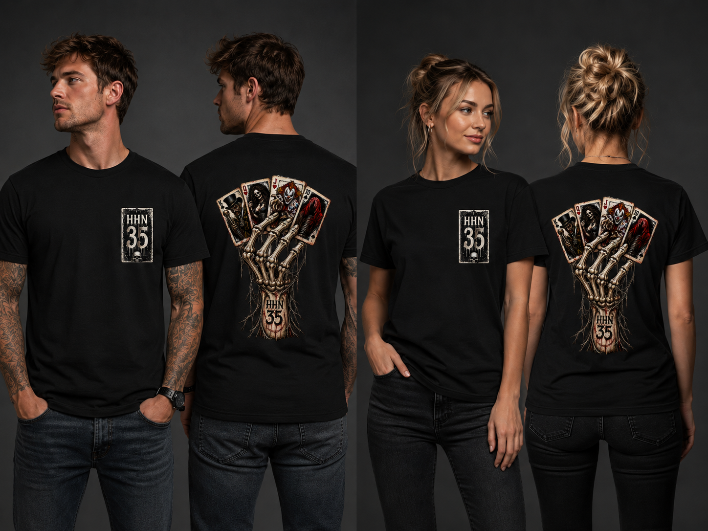 HHN 35 featured shirt front and back on models